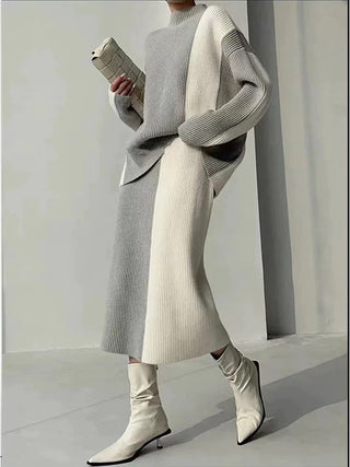 Cozy Ribbed Knit Two-Piece Set - Turtleneck Sweater and Midi Skirt