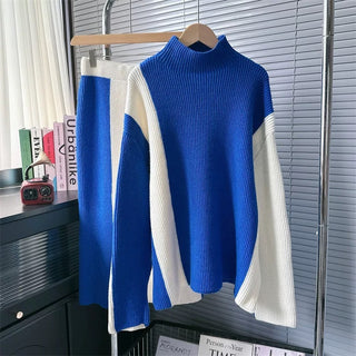 Cozy Ribbed Knit Two-Piece Set - Turtleneck Sweater and Midi Skirt