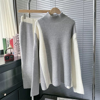 Cozy Ribbed Knit Two-Piece Set - Turtleneck Sweater and Midi Skirt