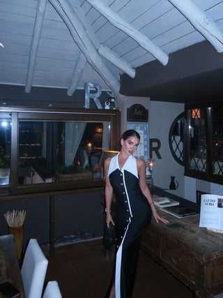 Elegant Long Button-Down Halter Dress with Collar