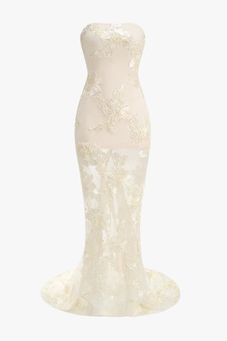 Strapless 3D Floral Mesh Gown with Train