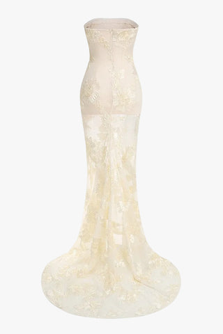 Strapless 3D Floral Mesh Gown with Train