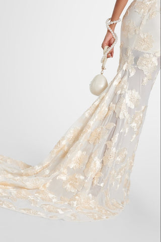 Strapless 3D Floral Mesh Gown with Train