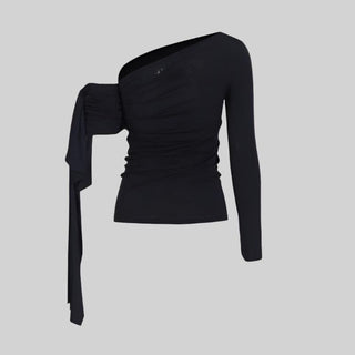 Elegant One-Off Shoulder Long Sleeve Top - Black