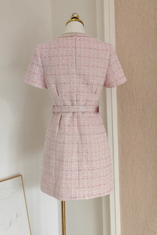 Pink Tweed Short Sleeve Mini Dress with Belt & Pearl Button Detail