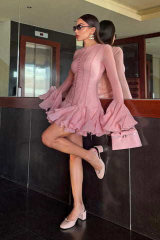 Elegant Long-Sleeved Flared Ruffle Mini Dress