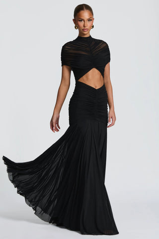 Ruched Mesh Short Sleeve Cut-Out Long Dress