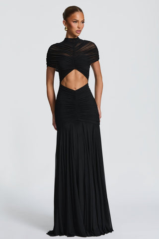 Ruched Mesh Short Sleeve Cut-Out Long Dress
