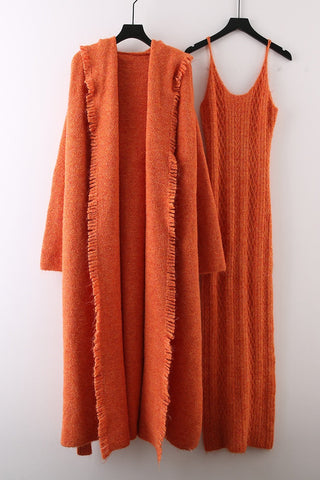 Knitted Maxi Dress and Long Hooded Cardigan Set with Fringe Trim