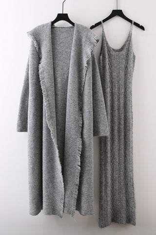 Knitted Maxi Dress and Long Hooded Cardigan Set with Fringe Trim