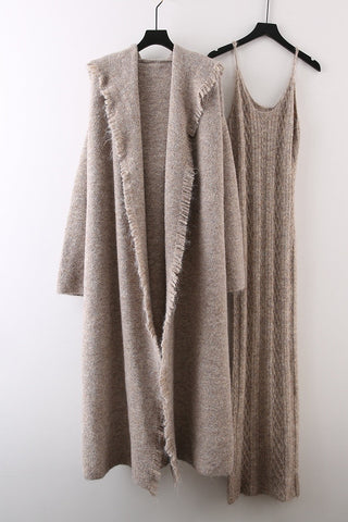 Knitted Maxi Dress and Long Hooded Cardigan Set with Fringe Trim