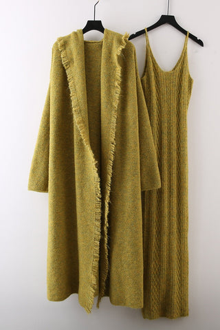 Knitted Maxi Dress and Long Hooded Cardigan Set with Fringe Trim
