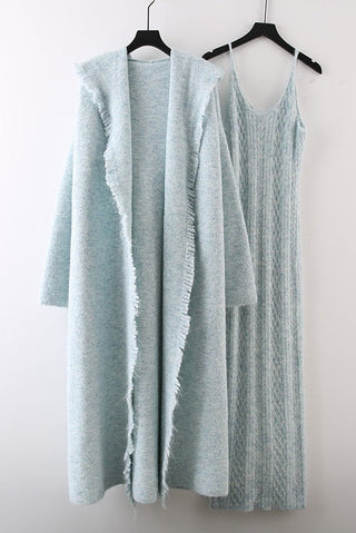 Knitted Maxi Dress and Long Hooded Cardigan Set with Fringe Trim