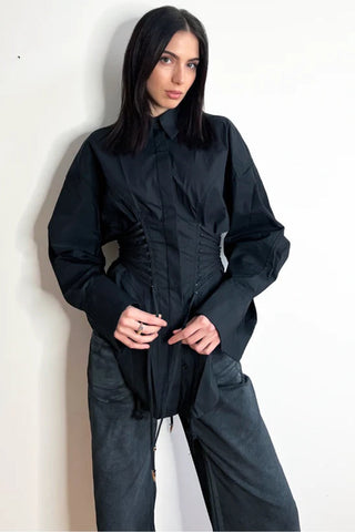 Long Sleeve Corset Waist Button-Up Shirt Dress with Lace-Up Back