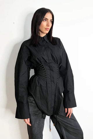 Long Sleeve Corset Waist Button-Up Shirt Dress with Adjustable Lace-Up Design