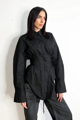 Long Sleeve Corset Waist Button-Up Shirt Dress with Lace-Up Back