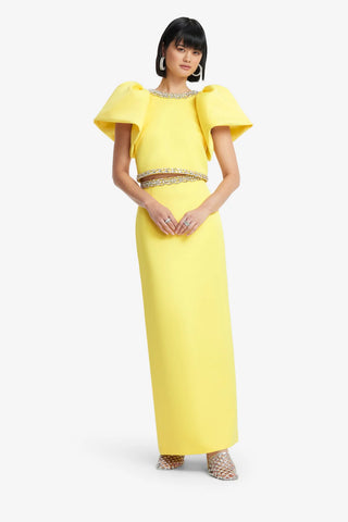 Puff Sleeve Cropped Top & High-Waist Long Skirt Set with Jeweled Details