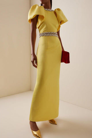 Puff Sleeve Cropped Top & High-Waist Long Skirt Set with Jeweled Details