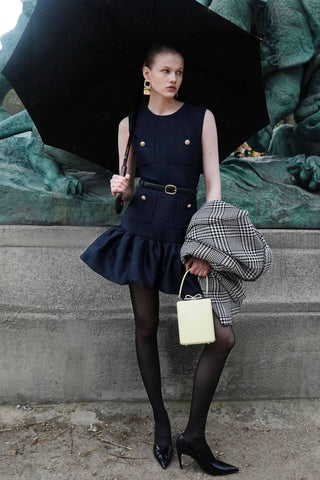 Sleeveless Mini Dress with Ruffle Hem – Satin Fabric & Pocket Detail