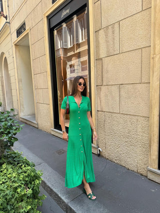 Knitted Button-Up Polo Collar Long Midi Dress – Short Sleeve