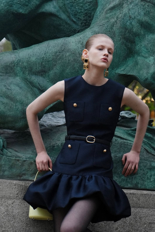 Sleeveless Mini Dress with Ruffle Hem – Satin Fabric & Pocket Detail