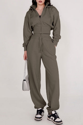 Two-Piece Sport Set with Cropped Zip Hoodie and High-Waisted Joggers