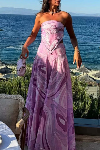 Retro Swirl Satin Two-Piece Set – Scarf Tie Crop Top & High-Waist Long Skirt