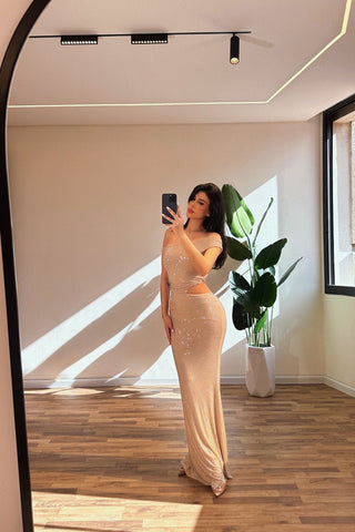 Luxe One-Shoulder Long Mesh Crystal Dress