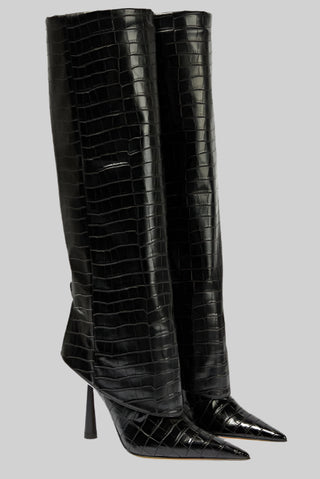 Croc-Embossed Knee-High Stiletto Leather Boots