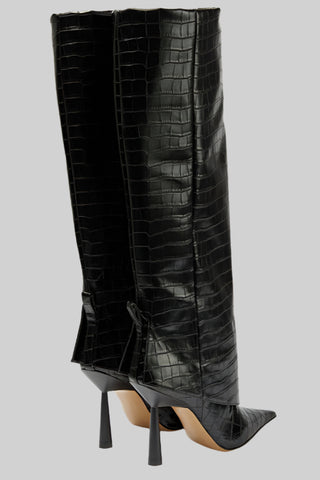 Croc-Embossed Knee-High Stiletto Leather Boots