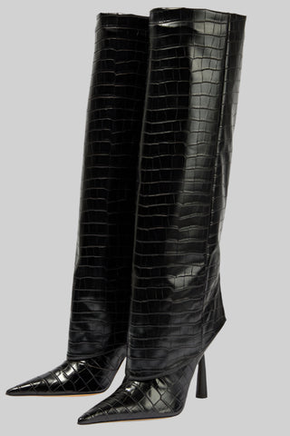 Croc-Embossed Knee-High Stiletto Leather Boots