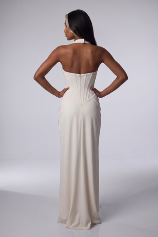 Crystal Embellished Corset Halter Neck Draped Crepe Long Dress