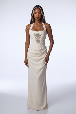 Crystal Embellished Corset Halter Neck Draped Crepe Long Dress
