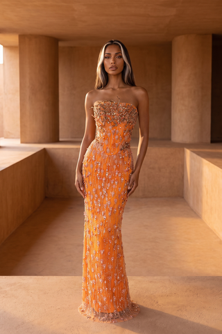Pearl & Crystal Embellished Strapless Long Dress