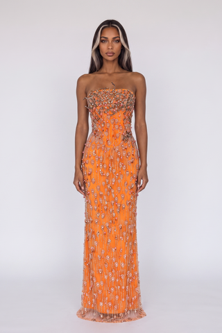 Pearl & Crystal Embellished Strapless Long Dress