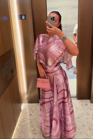 Retro Wave Satin Co-Ord Set – Abstract Scarf Top Long Skirt