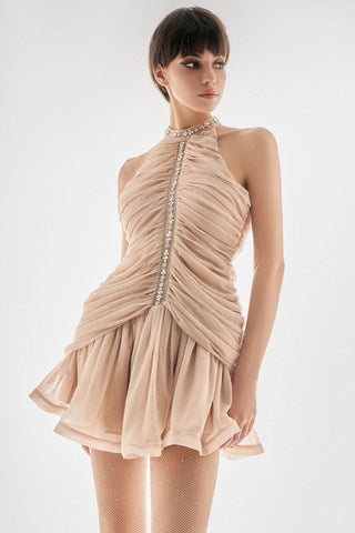 Sleeveless Round Neck Glitter Chiffon Short Dress with Diamond Beads