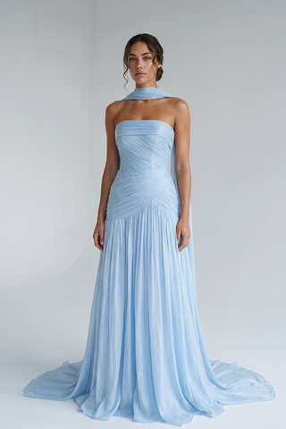 Scarf Neck Draped Pleated Chiffon Strapless Long Dress