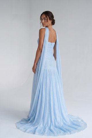 Scarf Neck Draped Pleated Chiffon Strapless Long Dress
