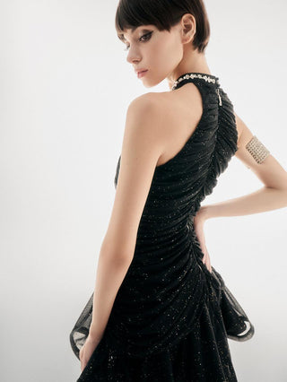 Sleeveless Round Neck Glitter Chiffon Short Dress with Diamond Beads