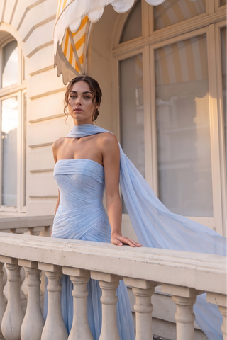 Scarf Neck Draped Pleated Chiffon Strapless Long Dress