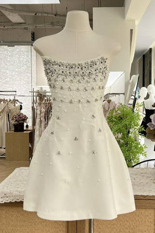 Elegant Strapless Embellished Mini Dress – White/Black