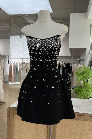 Elegant Strapless Embellished Mini Dress – White/Black