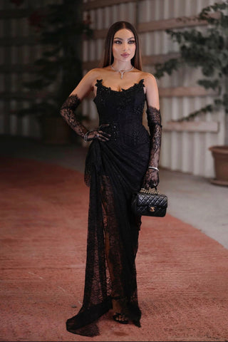 Strapless Black Lace Sheer Panel Long Dress with Gloves