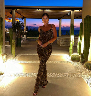 Leopard See Through Backless Long Dress