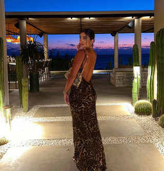 Leopard See Through Backless Long Dress
