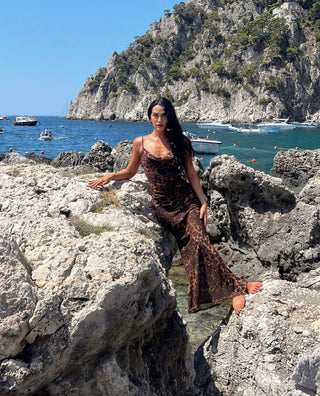 Leopard See Through Backless Long Dress