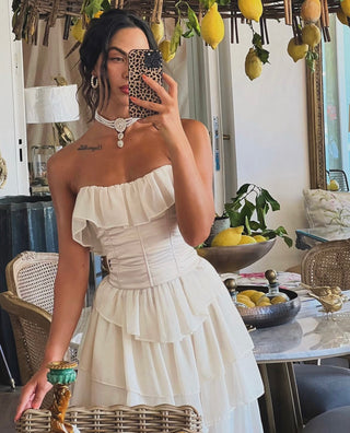 Apricot Ruffle Strapless Long Dress with Corset Top