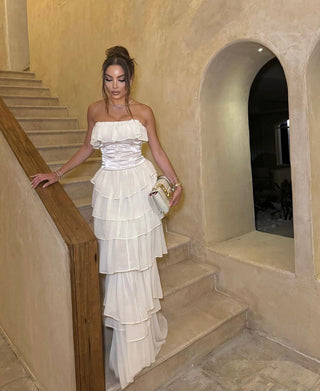 Apricot Ruffle Strapless Long Dress with Corset Top