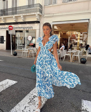 Floral Cascade Backless Long Dress